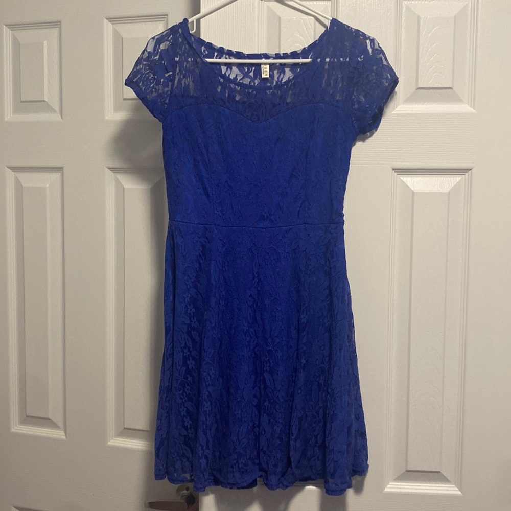 Women's Lace Short Sleeve Illusion Neckline Party Sheath Dress Royal Blue
